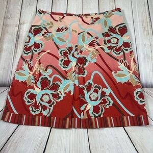 LOFT Red/Pink/Teal Floral Skirt w/ Front Pleat. Size 10.